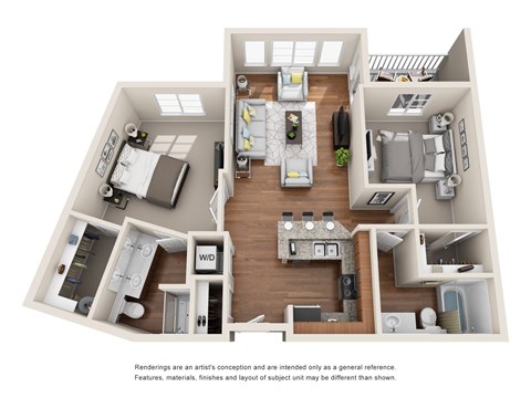 Floor plan for 2 beds, 2 baths, 947 sqft
